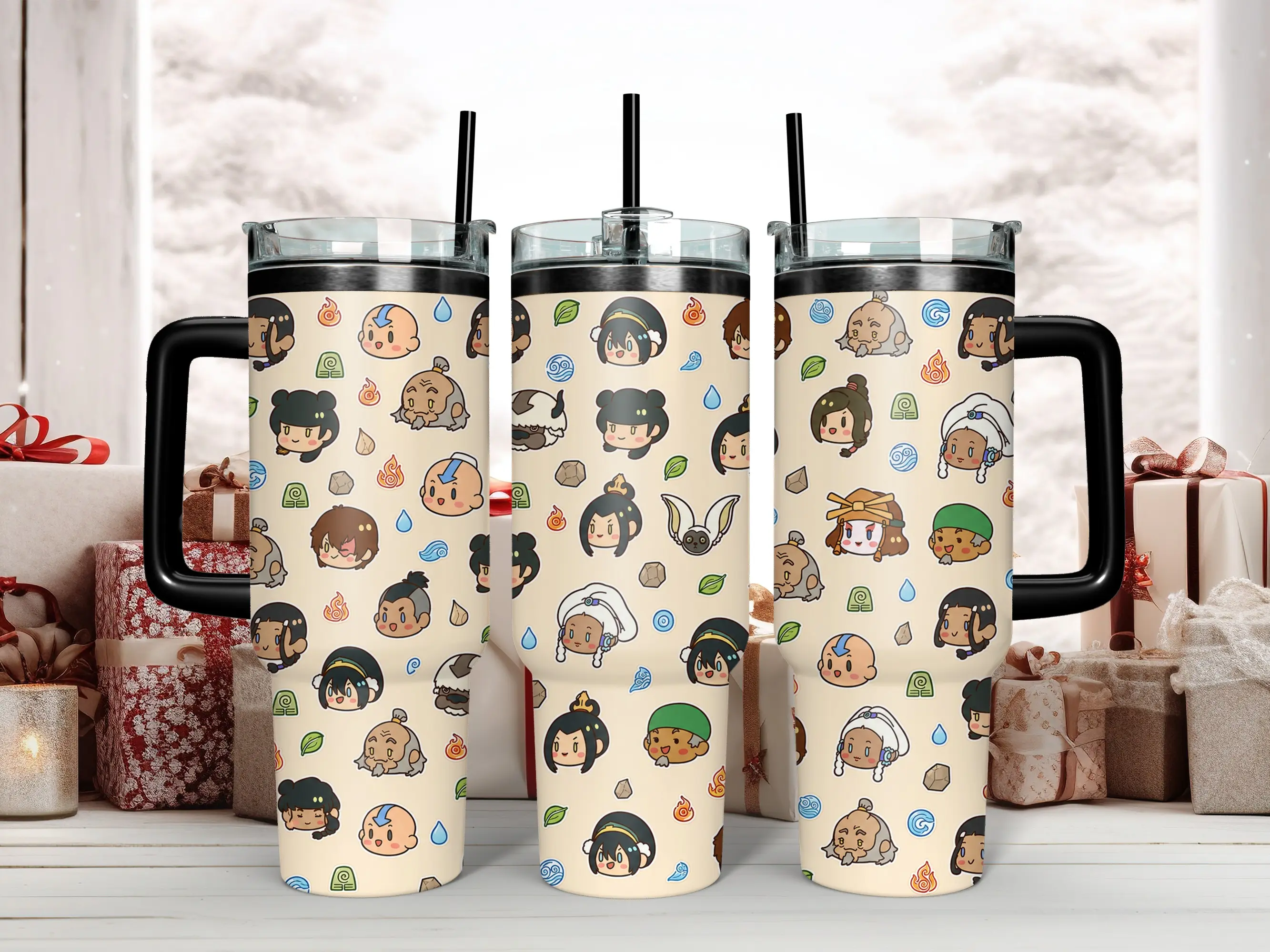 40oz BPA-Free Triple-Layer Insulated Stainless Steel Tumbler - Classic Avatar The Last Airbender Chibi Graphics (Aang,Zuko,Katara,Sokka,Toph), 1000-2000ml Reusable Portable Drinkware with Lid,Handle,Straw,All-Day Performance,Perfect Gift for ATLA Fans