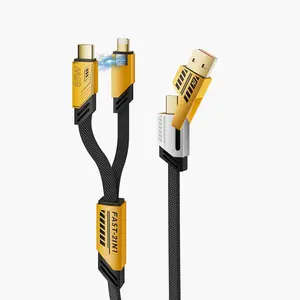 4 in 1 Mech Data Cable, 1.2M, Fast Charging USB-C PD 65W + Lightning 27W, Magnetic Nylon Braided, Compatible with iPhone/iPad/Samsung/Android Devices