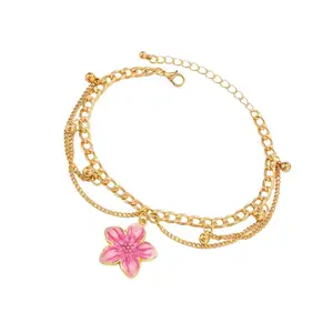Women's Gold Plated Layered Anklet with Pink Flower Charm, Adjustable Multi-Strand Chain Foot Jewelry for Summer Beach