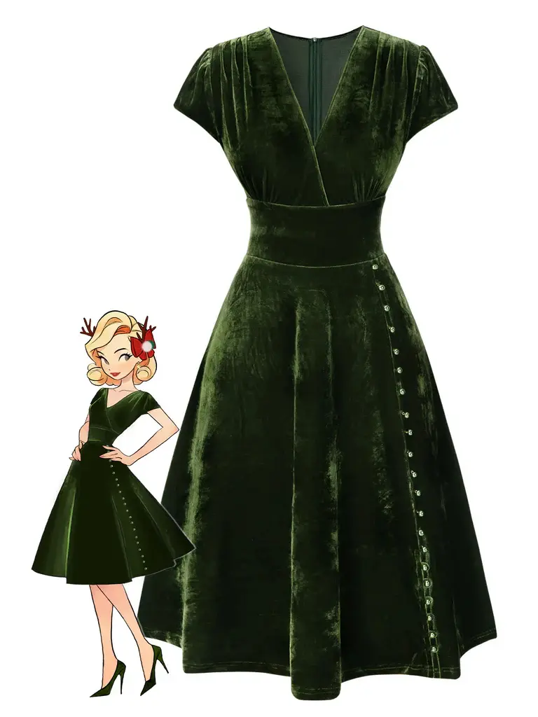 RETRO STAGE Women's 1940s Vintage Deep V-Neck Shortsleeve Pearl Velvet Gown with Fur Buttons, Polyester Green Formal Dress for Lady - TikTok Shop RETRO STAGE Women's 1940s Vintage Deep V-Neck Shortsleeve Pearl Velvet Gown with Fur Buttons, Polyester Green Formal Dress for Lady - TikTok Shop