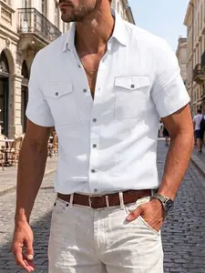 Men's Classic Casual Short Sleeves Linen Shirt, Summer Button Down Beach Shirts with Flap Pockets, Breathable Lightweight Menswear Tops