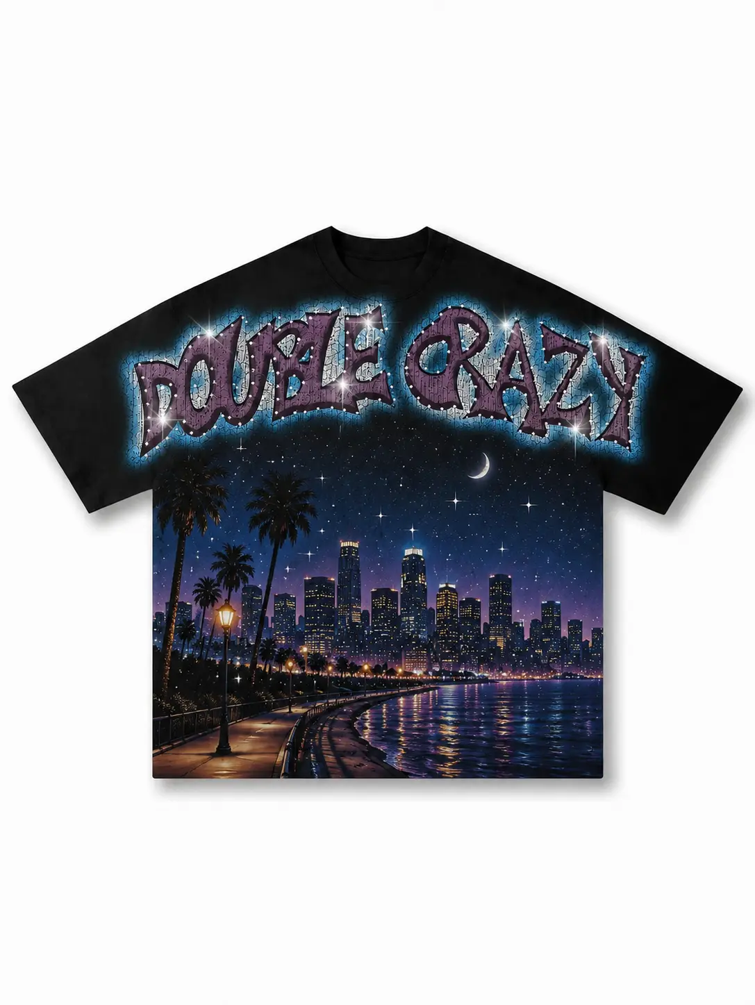 [no rhinestones] Double Crazy City Night Skyline Oversized Graphic Tee, Premium Heavyweight Cotton Vintage Streetwear T-Shirt, High Definition Rhinestone Font Print Relaxed Fit Unisex Tee