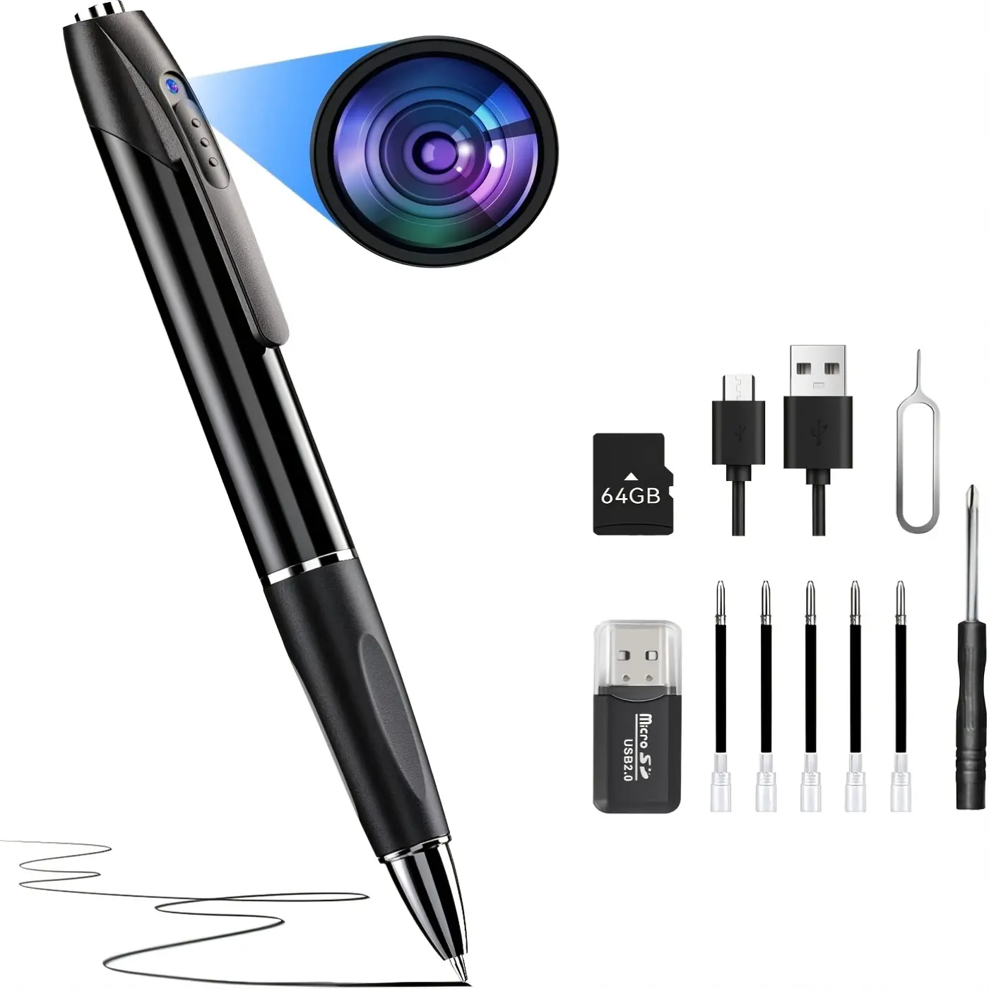 Portable Smart Pen Camera - 1080P High-Definition Video Camcorder, 64GB TF Card Kit, 1-Click Start, Loop Recording, Rechargeable Battery, USB Cable, Ideal for Classroom/Conferences, Security Use