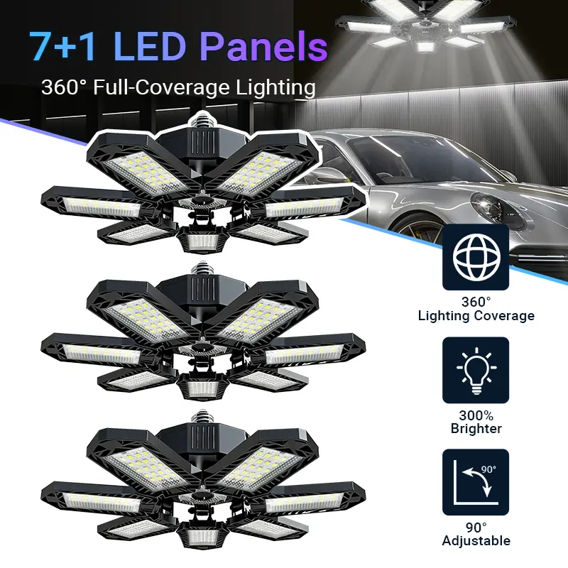 3pcs Mini LED Garage Light, 7+1 Adjustable Panel, 6500K Daylight, Super Bright, Foldable, Ceiling Mounted, Plastic Cover,  Switch Control, Semi Buried, for Basement, Warehouse, Storage Room, Garage Lighting, Energyefficient Light, Ceiling Mounted Fixture