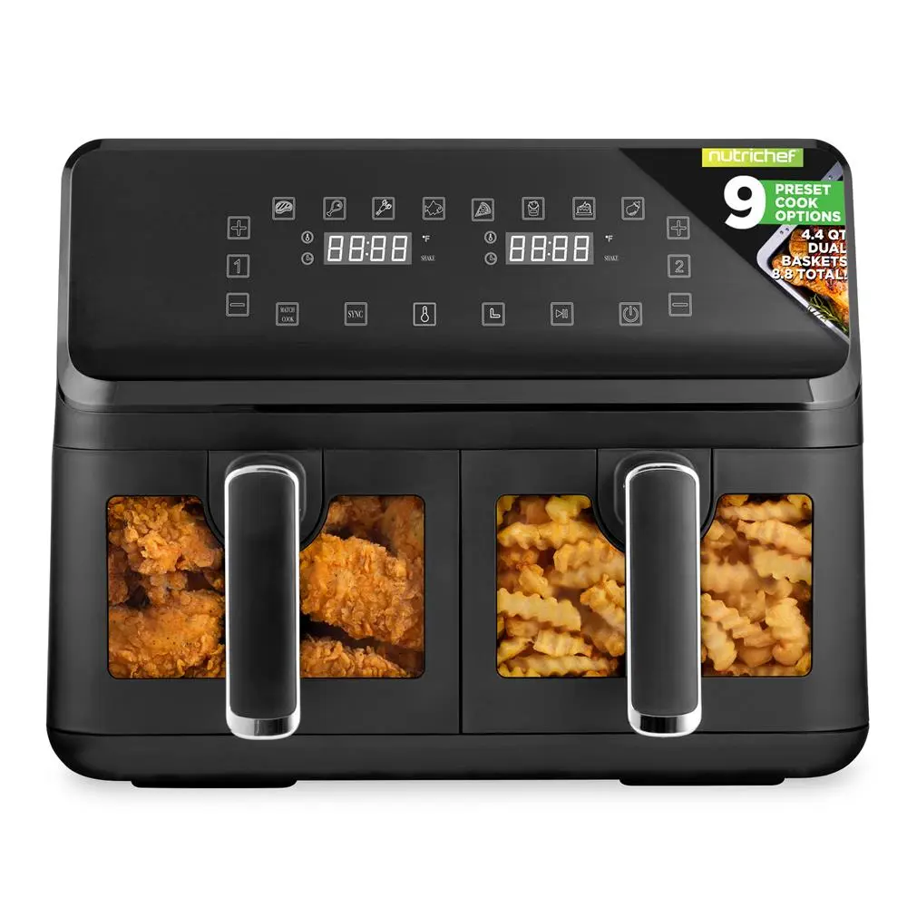 NutriChef 4.4Qt Dual Basket Air Fryer - Oil-Free Household Kitchen Appliance with 9 Preset Programs, 360° Hot Air Circulation for Even Cooking, Adjustable Time Setting, Multifunction Touch Control Panel