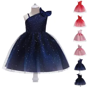 2-10Y Navy Blue 5263 Sequin Star Kids Clothes Bow Flower Girls Frock Ball Gown Pageant Children Elegant Princess Prom Host Formal Evening Party Banquet Cocktail Dress