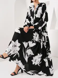 Women's Elegant Feminine Floral Print Long Dress, V Neck Batwing Sleeve Straight Tube Half Button Front, Casual Vacation, All Seasons