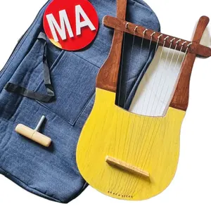 Handcrafted 10-String Yellow Wooden Lyre Harp with Tuning Key & Carry Bag – Ancient-Style Musical Instrument