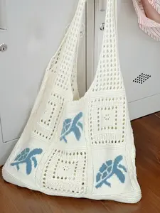 Knitted Bag Vintage Hollow Out Handmade Turtle Pattern Fashion Tote Bag for Women, Cross Body Bags, Large Capacity Casual Korean Style Shoulder Crossbody Bag