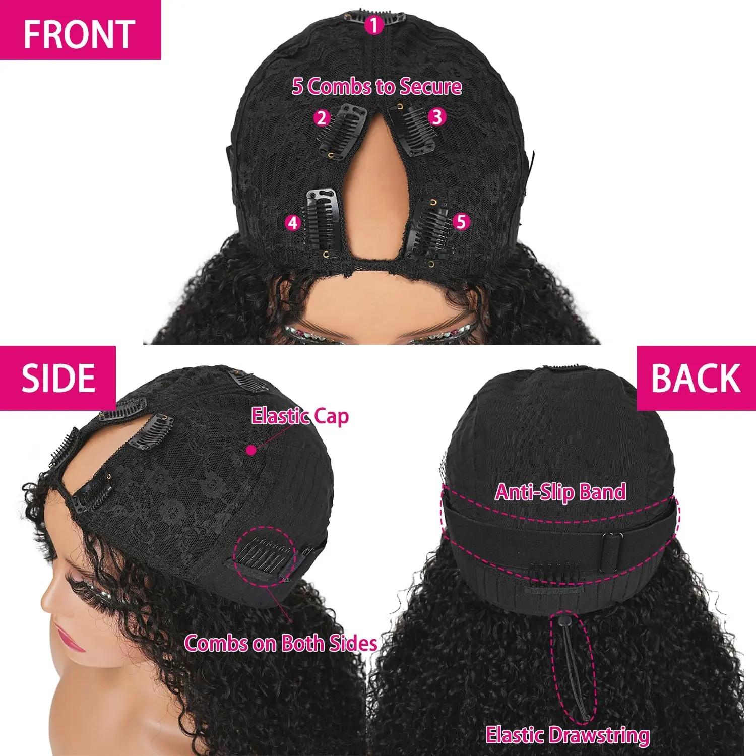 Bling Hair V Part Wigs Deep Wave With Invisible Strap Drawstring 100% Human Hair Glueless Wig Deep Wave Natural Hairline Beginner Friendly 180% Density Curly Wigs For Women Natural Black