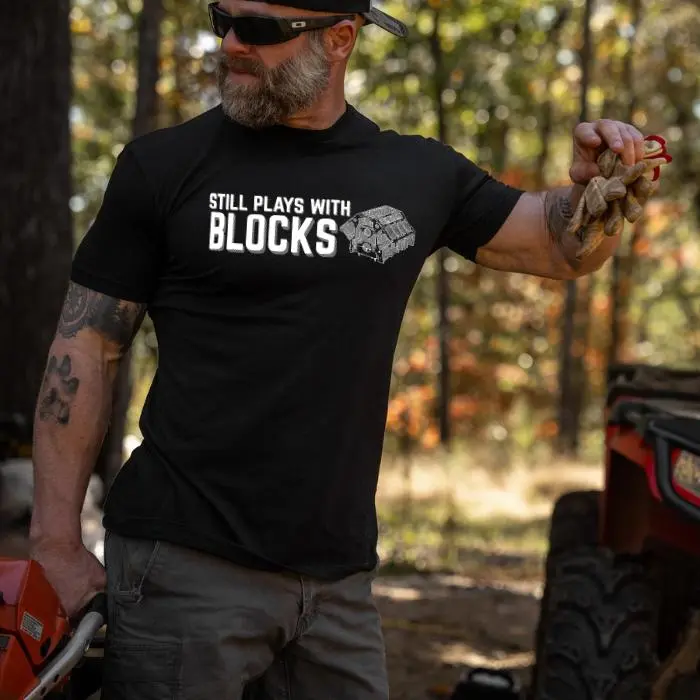 Still Plays With Blocks T-Shirt, Funny Mason Tee | Construction Worker Shirt | Blue Collar Dad Hoodie | Bricklayer Sweatshirt