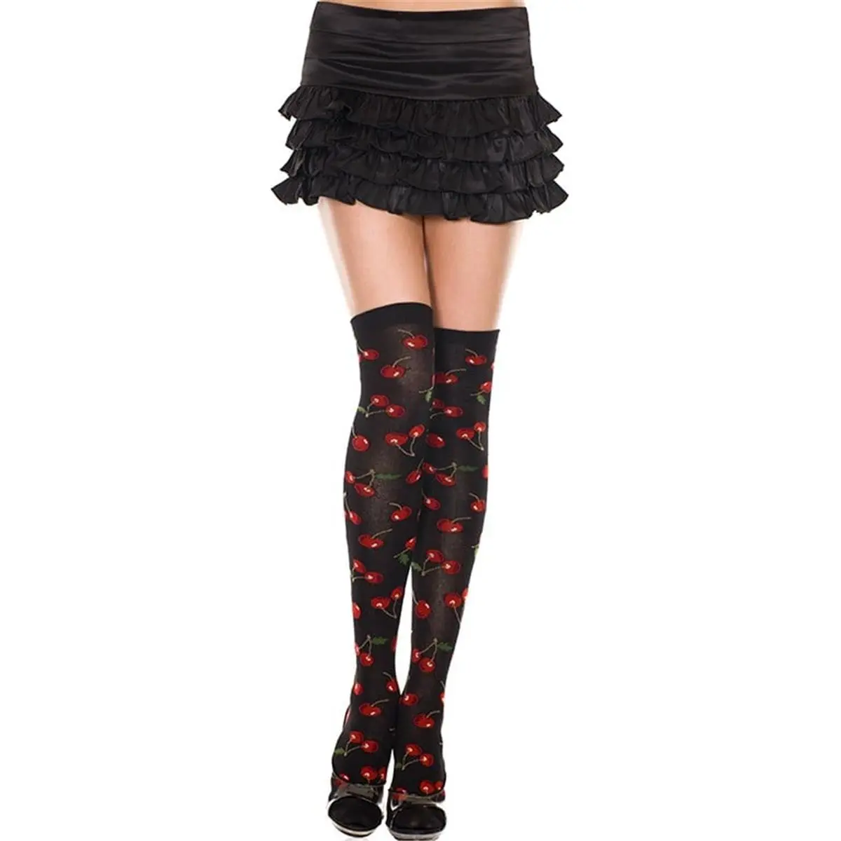 Music Legs Women's Cherry Print thigh high stockings in Acrylic Fiber, Fashion Costume Wear with a Great Fit - Black and Red