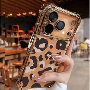A Brown Pink Leopard Print Fashion Electroplated Four-corner Anti-drop Phone Case, Suitable for iPhone 17 Air/16 Plus/15 Pro Max/14 Pro/13/12/11/XS Max/X Phone Case, Ideal Gift for Family, Friends, Lovers, Girlfriends on Holidays SJQNDD02
