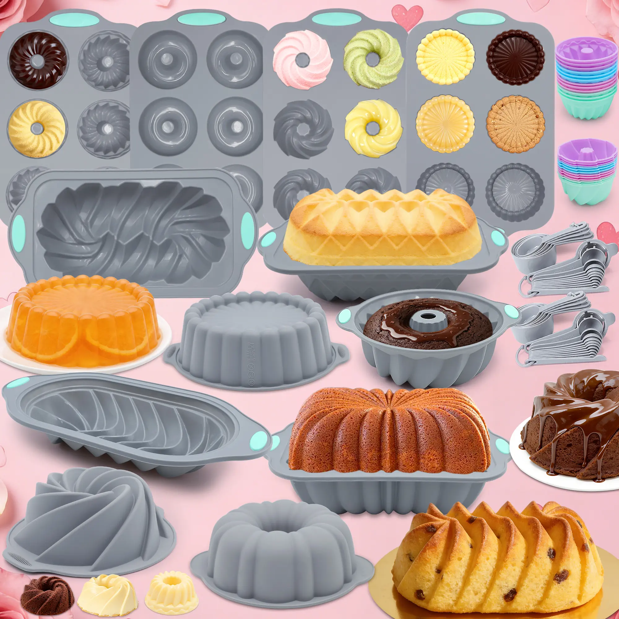 70/45 Piieces,Silicone Baking Set, Kitchen Oven Cake and Bread Molds for baking bread, toast, muffins, and cakes. Also ideal for making mousse, jellies, chocolates, and puddings. Perfect for birthdays, anniversaries, Mother's Day Gifts，SummerVibes