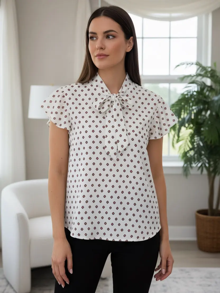 Dimond Tie Top - Stylish 100% Polyester Short Sleeve Top with Front Tie Neck & Dimond Print for Professional Wear