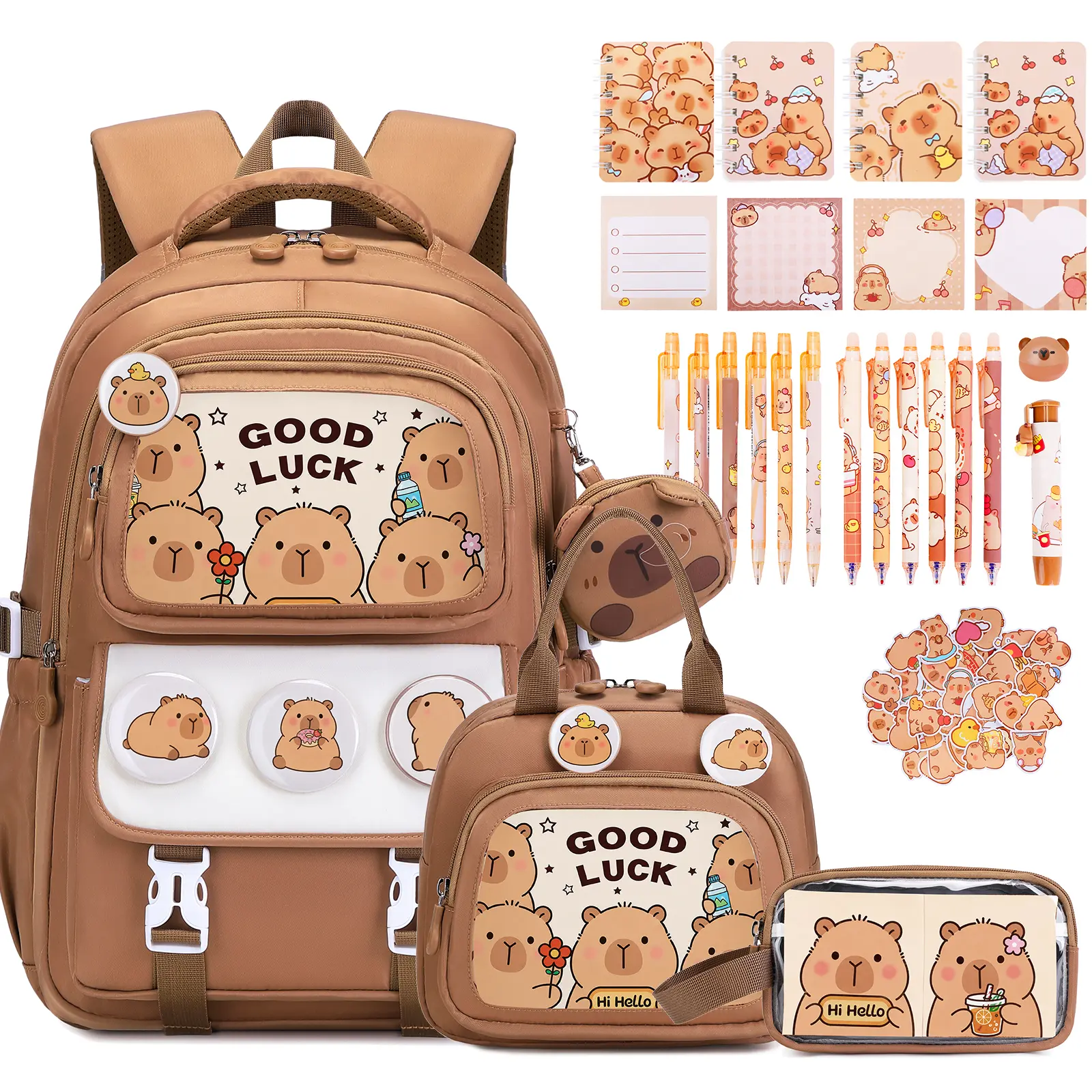 SIMILOVE Kids Backpack Set - Clear Display Pockets, Removable Capybara Insert Cards & Pins, First Day Back to School Haul Essential with School Supplies Compatibility for Headphones & Kids’ Lunch Box