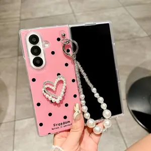 Cute Heart Pattern Aesthetic Phone Case with Beaded Bracelet, Anti-Drop Design for Samsung Galaxy Z Fold 7/6/5/4, Perfect Gift for Women, Accessories