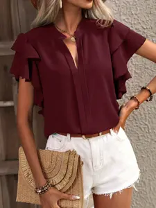Women's Solid Color Layered Ruffle Butterfly Sleeve Casual Shirt, Blouse, Short Sleeve Top, Comfortable Elegant Fashion Design, Ideal for Daily Wear