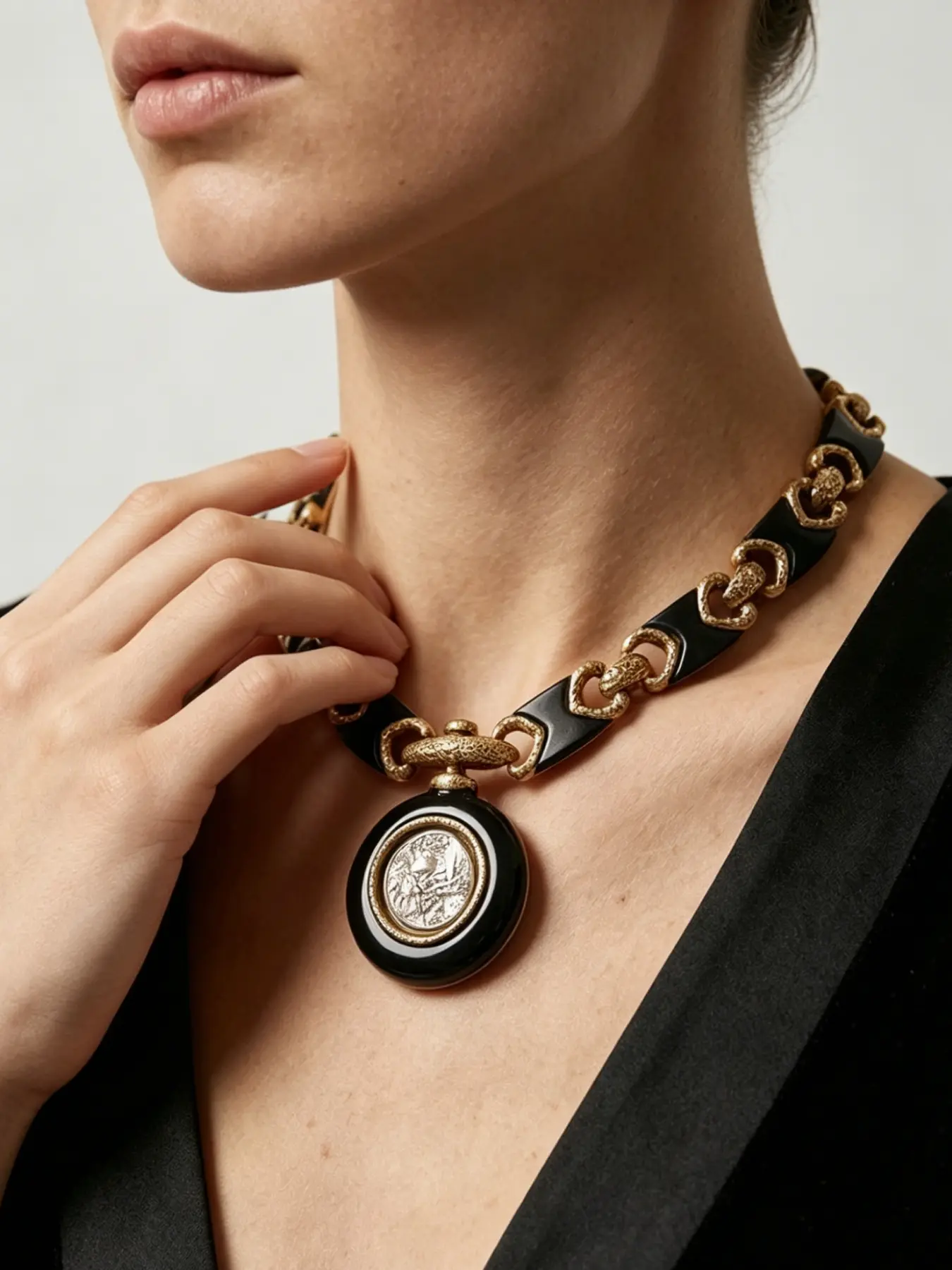 A vintage black gold contrasting enamel pearl pendant necklace with a central black enamel round frame inlaid with a pearl pendant, featuring a vintage palace texture, suitable for vintage dressing and daily commuting wear.