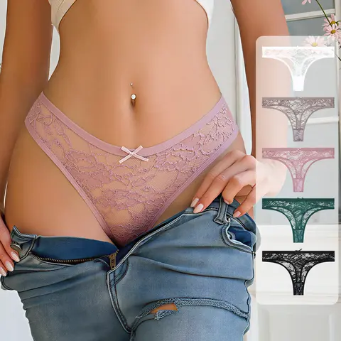 Hotcom Women's 4-5 Piece Low Waist Bow Front Contrast Lace Seamless Panty Set - Breathable Lady Underwear, Stylish All-Season Daily Wear Seamless Panties Set summerwins sohochic