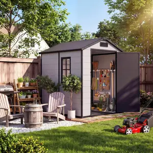 4 x 6 ft Resin Storage Shed with Window, Double-Wall Weather-Resistant Plastic Construction, Waterproof and Lockable – Spacious Outdoor Garden Storage for Patio Furniture, Lawn Mower, Bikes and Tools, Outdoor Storage Shed, 4X6ft Size