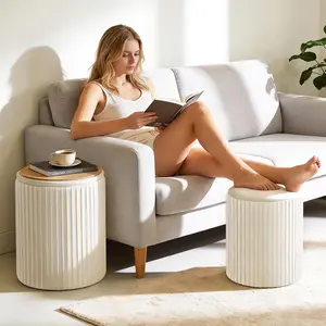 Set of 2 Nesting Storage Ottomans, 18” & 14” Tall Velvet Footrest Stool with Hidden Compartment, Round Vanity Stool, Foot Stool for Living Room, Bedroom, Entryway (Black/Beige/Grey)