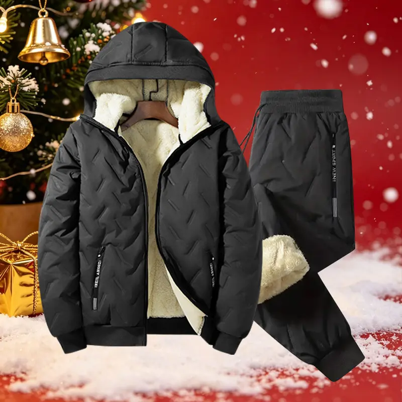 Men’s casual set for winter: fleece lined hooded jacket and pants with zippered pockets, suitable for outdoor wear.