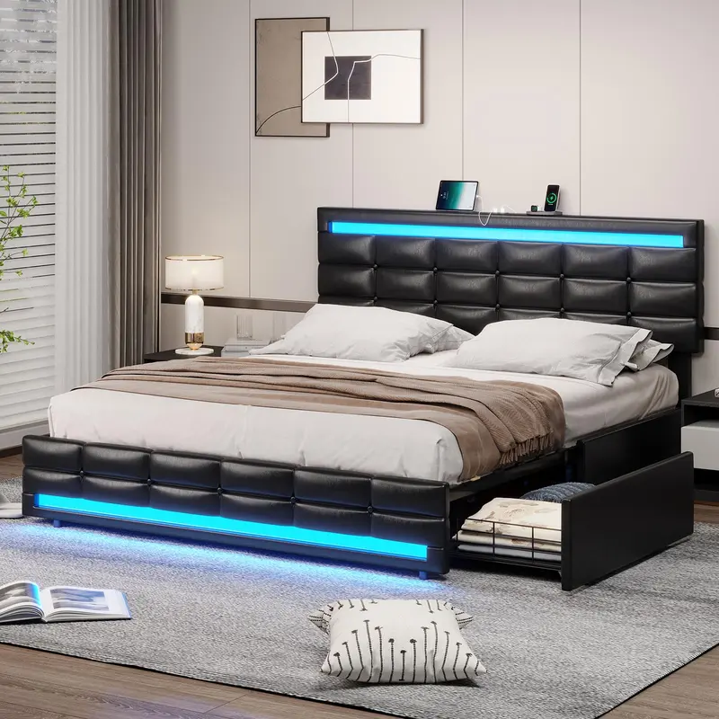Sikaic Queen Size Faux Leather Platform Bed Frame with Storage Drawers, LED Bed Frame with Charging Station, Black Adjustable Headboard