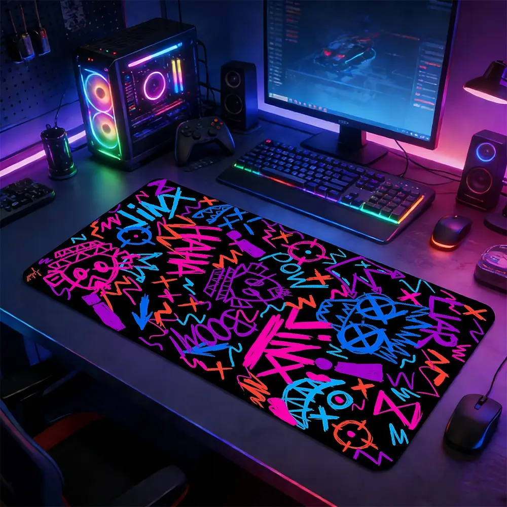 Edgy Neon Doodle Graffiti Pattern Large Gaming Mouse Pad, Non-Slip Rubber Base with Reinforced Stitched Edge, Psychedelic Urban Aesthetic Design, Durable Desk Mat for Gaming & Office, Great Gift for Gamer Boys & Street Art Lovers