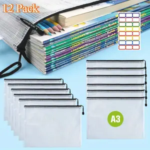 12 PCS Mesh Zipper Pouch, Waterproof Tear-Resistant Document File Folders, A3 Size Zipper Documents Pouch Document Organizer Bags for School Office Home Travel Storage