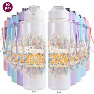 10pcs/26oz/760ml/Sports Water Bottle With Straw For Gym Fitness Outdoor,New Year Party Decorations,Happy New Year 2026,Glittery Fireworks Design,Party Supplies,Decoration,Banner,Decoration Balloons