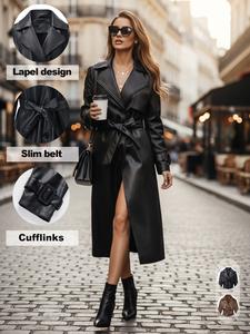 women's spring & fall pu long jacket, fashion lightweight coat with adjustable waist belt, multi-functional commuter jacket