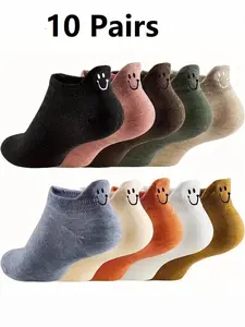 Cute Smiley Face Ankle Socks for Women, 10 Pairs Trendy Low Cut Heel Tabs, Comfortable Casual Footwear, Perfect for Daily Wear