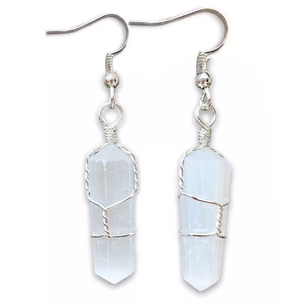 Selenite Stone Wired Wrapped Double Point Earrings
