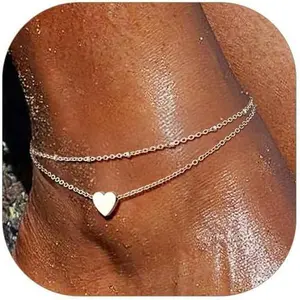 Womens S925 Sterling Silver Adjustable Anklet, Heart/Moon/Handcuff Ankle Bracelet,Summer Foot Jewelry, Stainless Steel/Gold Plated(Send Gift Box)