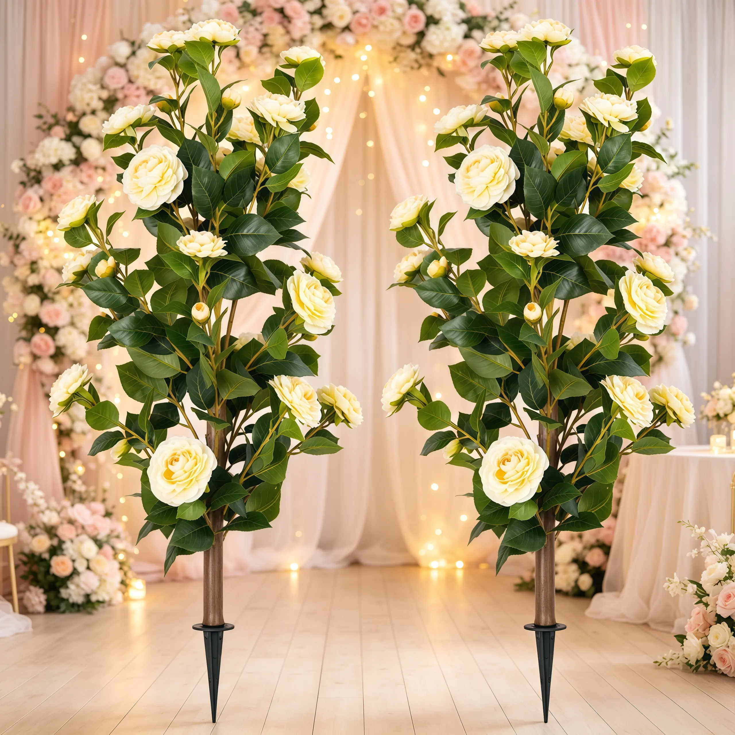 DLD 2-Pack 36" Silk Fabric Artificial Camellia  Tree Set with Ground Spike, UV-Resistant  Pink Faux Flower Bush, Yellow Option, Box  Packaging for Wardrobe, Garage, Study  Indoor Outdoor Home Decor