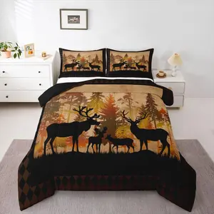 Hunting Deer Bedding Set for Kids,Rustic Farmhouse Comforter Set,| Woodland Wildlife Retro Bedding Comforter Set,Cabin Forest Animal Quilt for Boys Teens Adult Bedroom,Brown