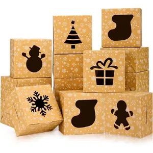 24 count Christmas Cookie Boxes, 4x4x2.5 Inches Brown Bakery Boxes with Window Small  Boxes for Xmas  Giving Cake Pastry Dessert Cupcakes Candy Donut Packaging  Boxes