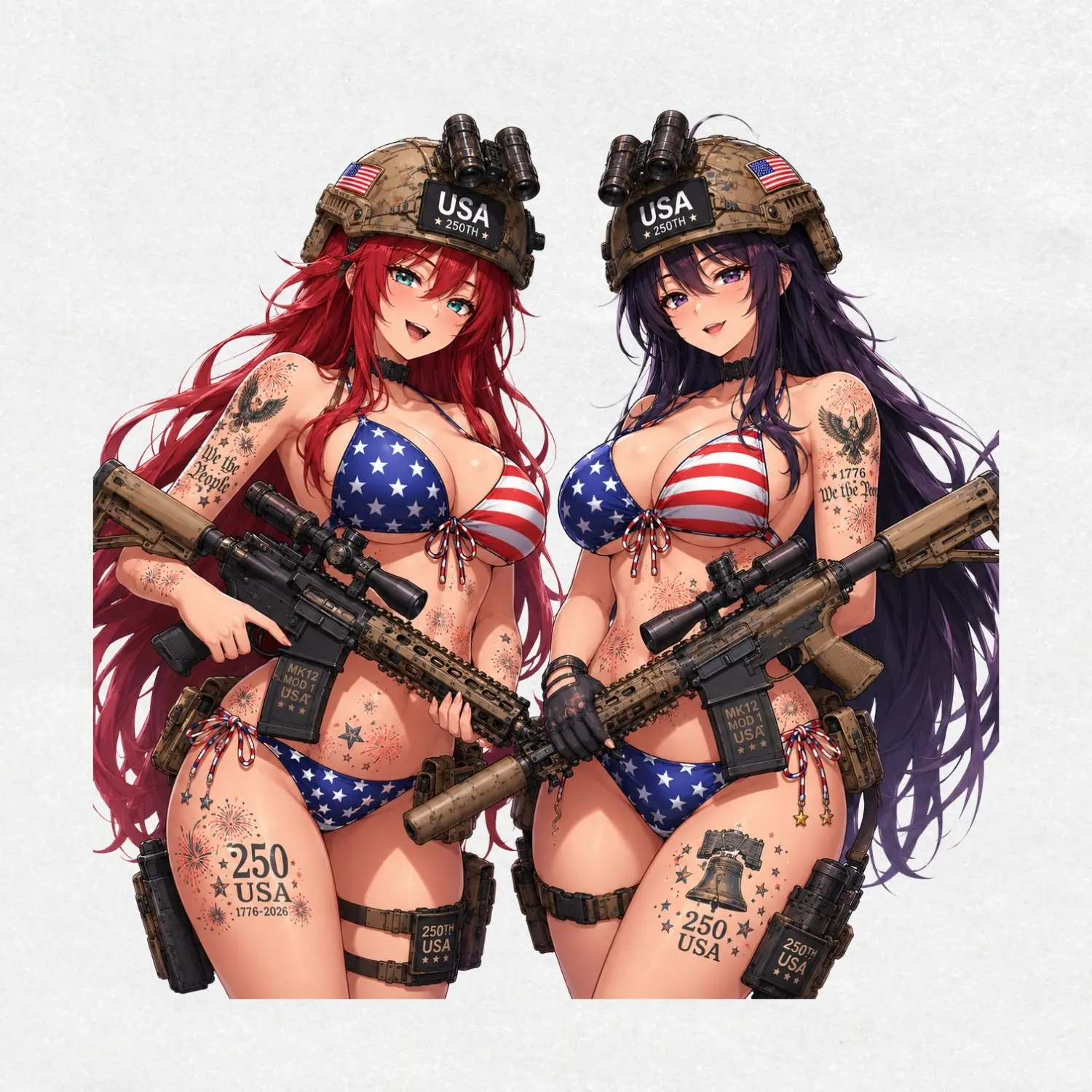 Akeno x Rias USA 250th Anime Vinyl Sticker, Tactical Bikini MK12 Rifle, Ops-Core FAST Helmet, 4th of July Waifu Decal Art