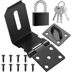 4 Inch 90  Padlock Hasps, Stainless Steel Latch Lock Padlock Hasp with Padlock and  Set, Right Angle Safety Door Latches, Gate Lock Hasp Latches for Cabinets, Closets Doors