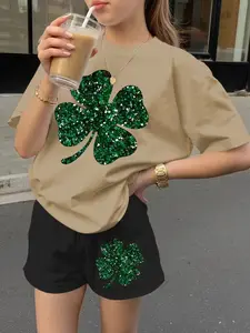 Girls' Summer Fashion Comfort Four-Leaf Clover St Patrick's Day Pattern Short Sleeve T-Shirt + Casual Versatile Shorts Set Fashion Style Sets Summer Clothing Set
