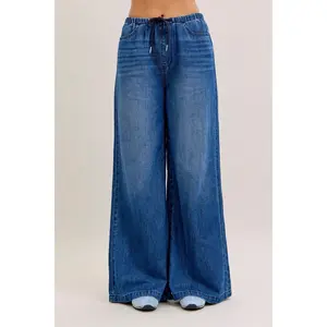 Judy Blue High Waist Featherweight Palazzo Fit Jeans 881047, Super relaxed, stretchy cotton denim, Elastic waistband & Drawstring, Dark Wash, Wide Leg