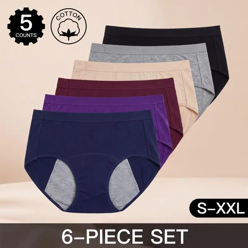 Women's Mid Rise Heavy Flow Period Panties 5 Pack, 95% Cotton 5% Spandex Reusable Menstrual Underwear, Breathable Stretch Seamless Period Underpants, Flexible Waistband, Comfort Daily & Camping Wear For Women