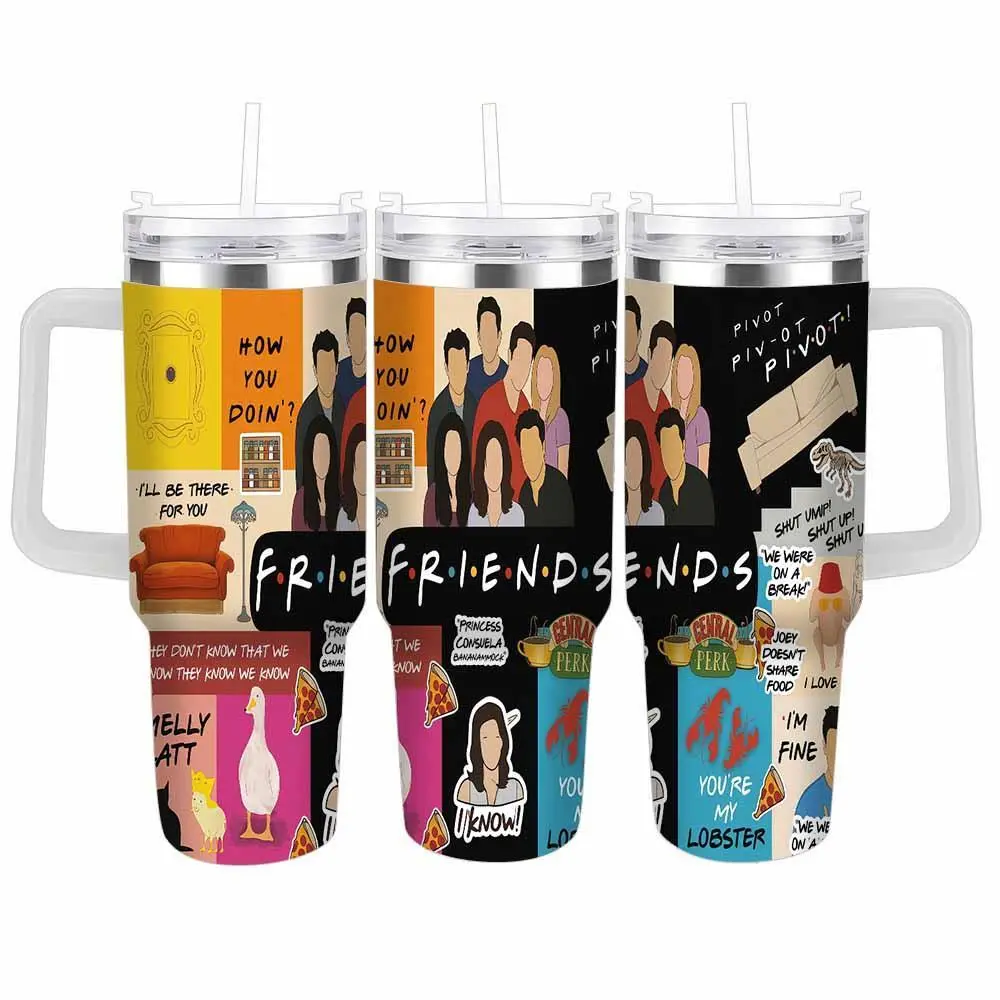 Friends TV Show Inspired Multi-Size Insulated Double-Wall Stainless Steel Tumbler - 20oz/30oz/40oz Portable Plastic-Lidded Drink Flask with Classic Sitcom Print, Funny Quotes, Durable Build, Straw - Perfect Gift for Fans, Travel Use