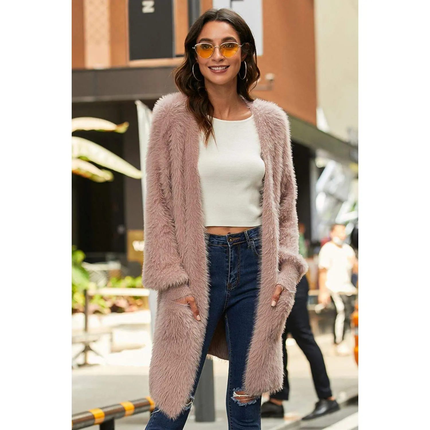 Open Front Fuzzy Cardigan with Pockets