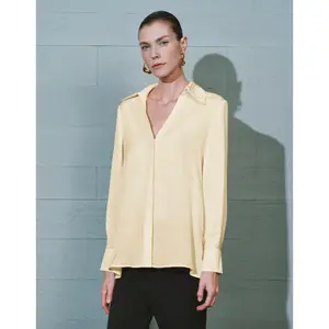 URBAN REVIVO 2026 Spring Lady's Minimalist Basic Thin Polyester Satin Fabric Blouse - V-Neck Collared Long-Sleeve Straight-Cut Casual Women's Shirt, Clothes, UWG240168