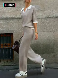 Women's Knit Outfit Set Autumn Winter Casual Elegant Loose Fashion Lapel Pullover Sweater Long Pants Two-Piece