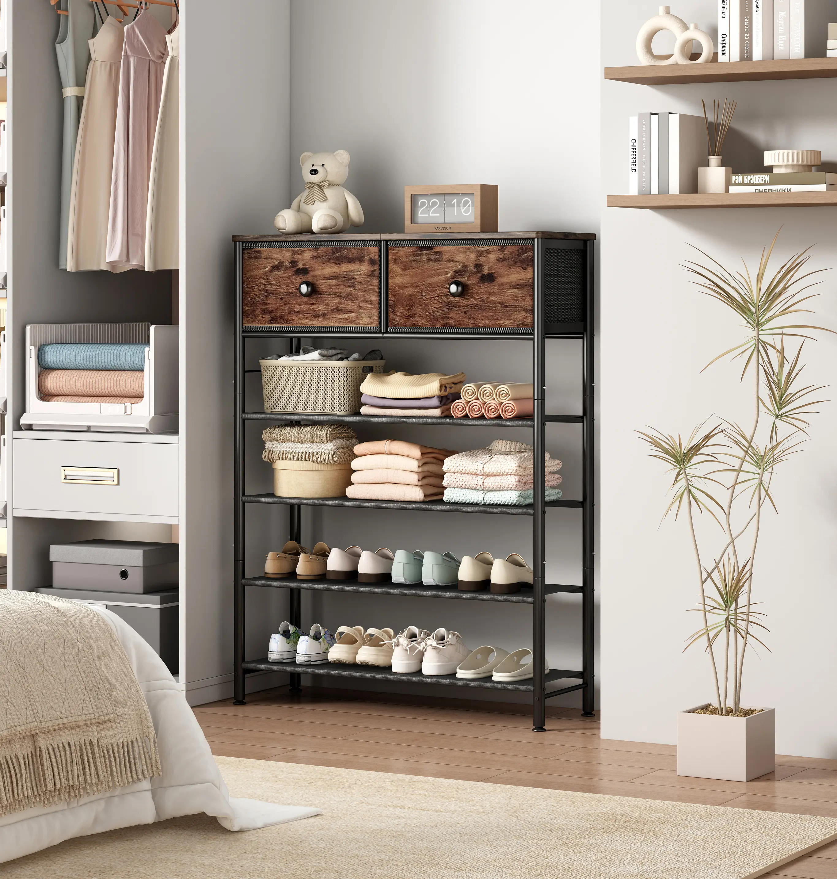 Industrial Style 4/5-Tier Shoe Rack Organizer, Heavy-Duty Metal Frame with Rustic MDF Board & Fabric Shelves, Shoe Storage Unit with 2 Drawers for Entryway, Bedroom, Living Room, Garage