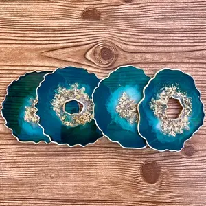 Blue and turquoise resin geode coaster set