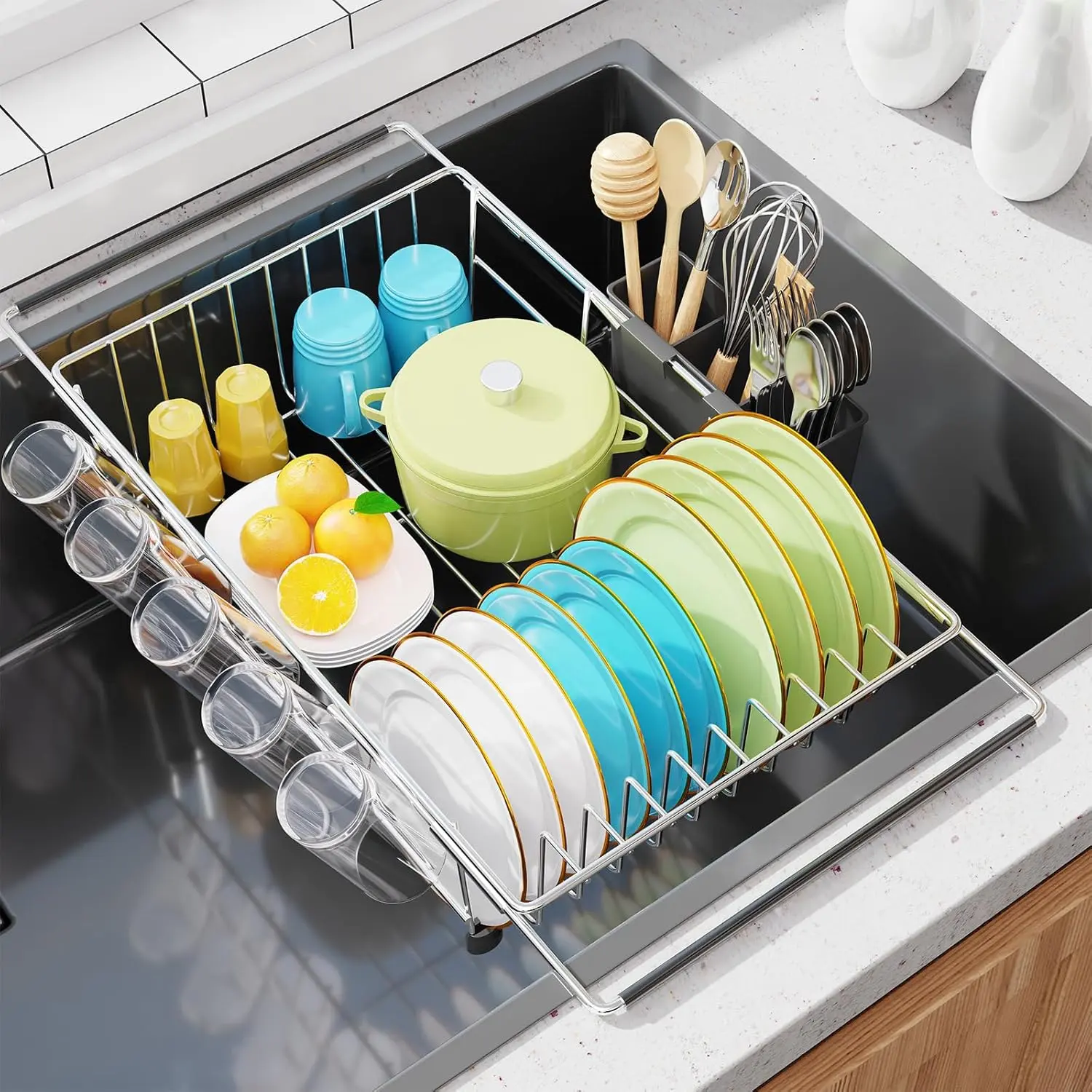 Dish Drying Rack in Sink with Utensil Holder| Expandable Dish Rack, Dish Drainer Over Sink for Small, Saving, Fast Drain, Non-Slip Feet, Fit Most Sink